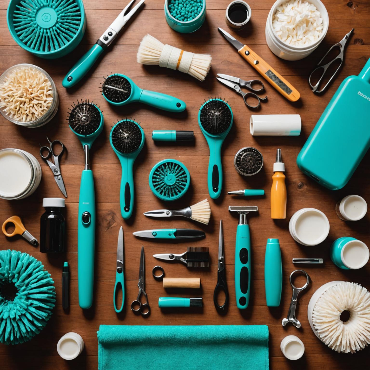 Collection of professional pet grooming tools laid out on a table