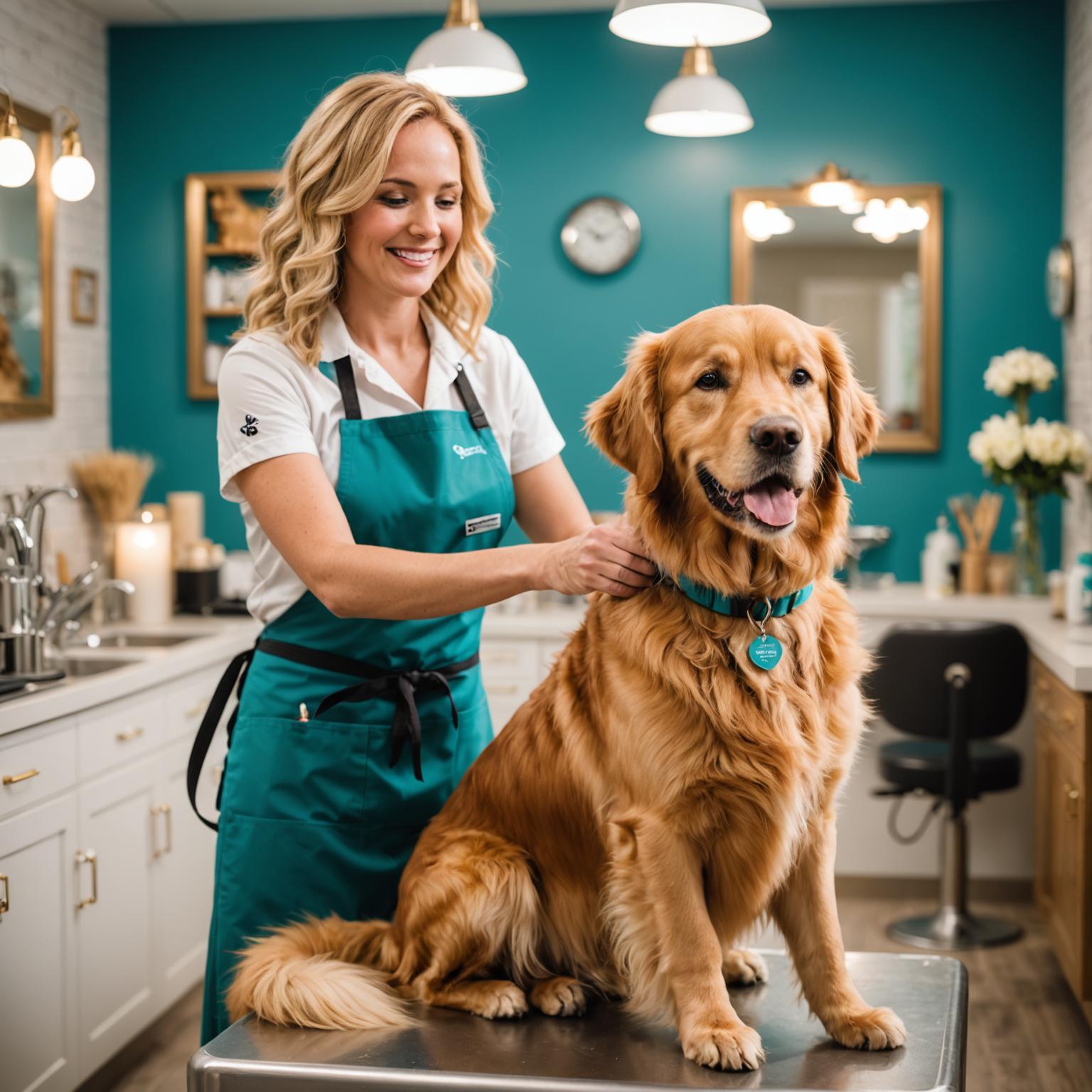 Professional pet groomer styling a happy dog at PawPerfect Grooming salon