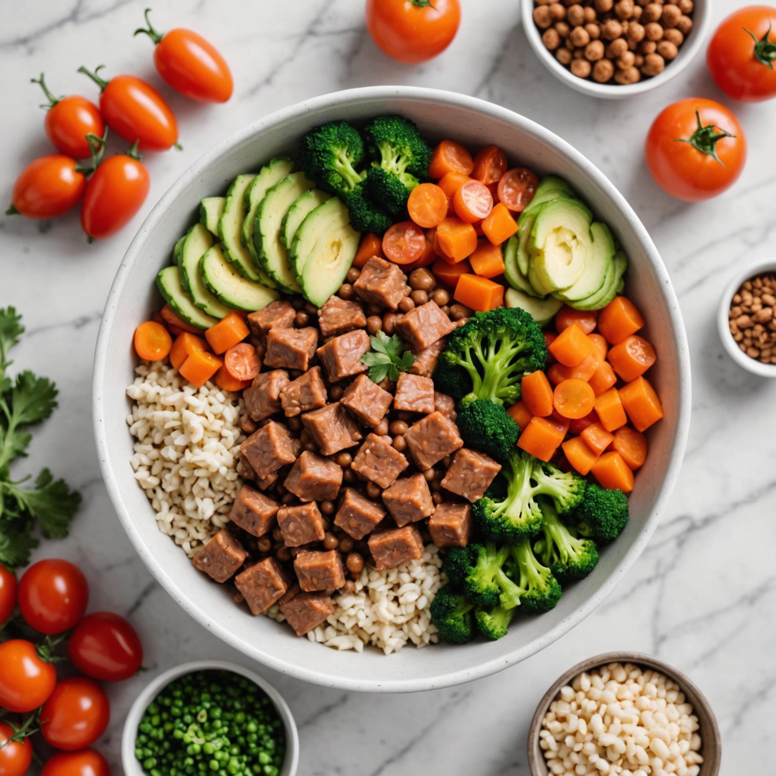 A bowl of nutritious dog food with fresh ingredients