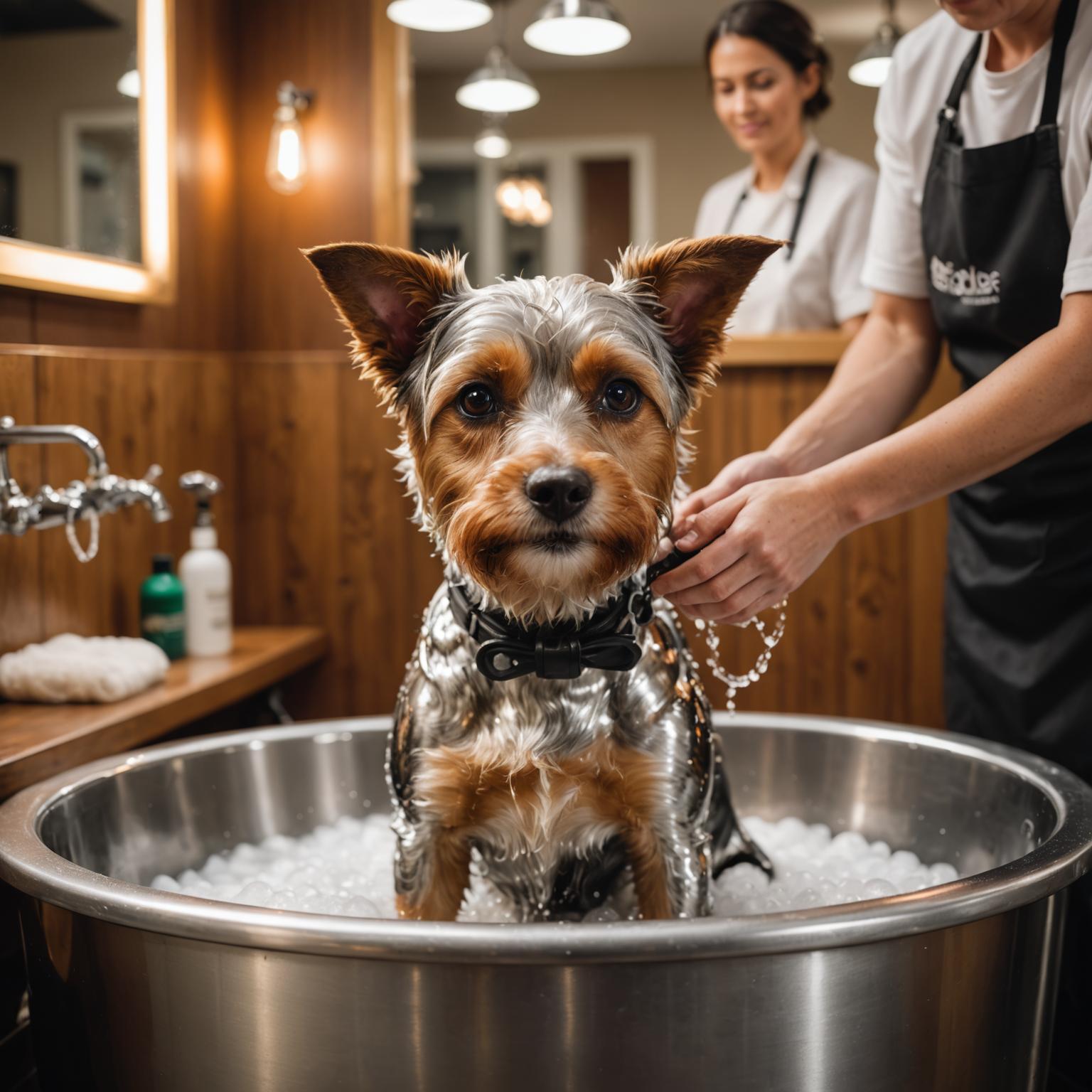 Dog receiving a premium bath with specialty shampoo at PawPerfect
