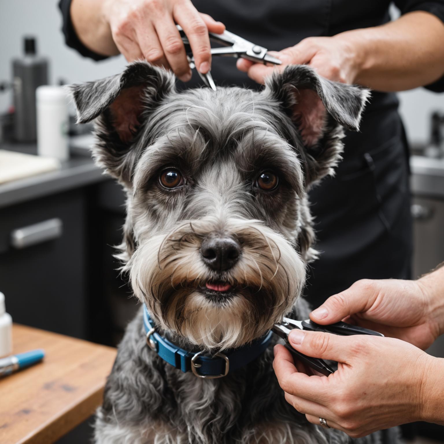 Groomer performing a maintenance trim on a small dog